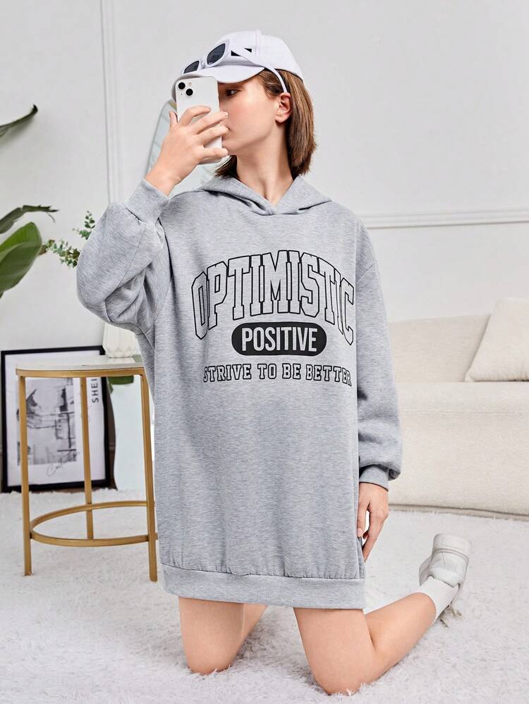 Teen Girl Slogan Graphic Drop Shoulder Hooded Dress