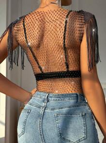 Allurite Rhinestone Fringe Trim Crop Mesh Top Without Bra - Black - View 6