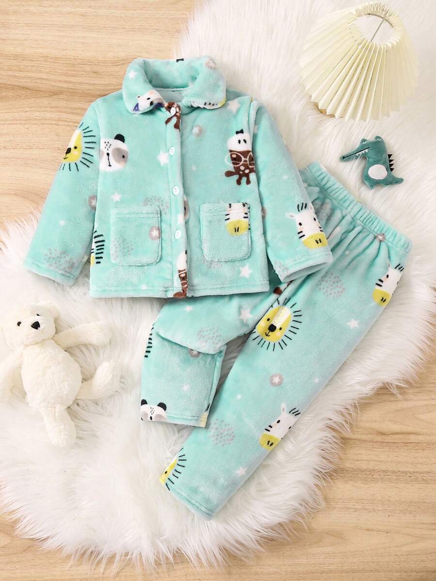 Young Boy Cartoon Graphic Dual Pocket Flannel PJ Set - Green - View 1