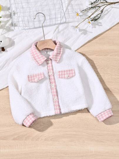 SHEIN Cô Gái Trẻ In kẻ sọc Viền tương phản Chi tiết về Flap Áo Teddy Jackets