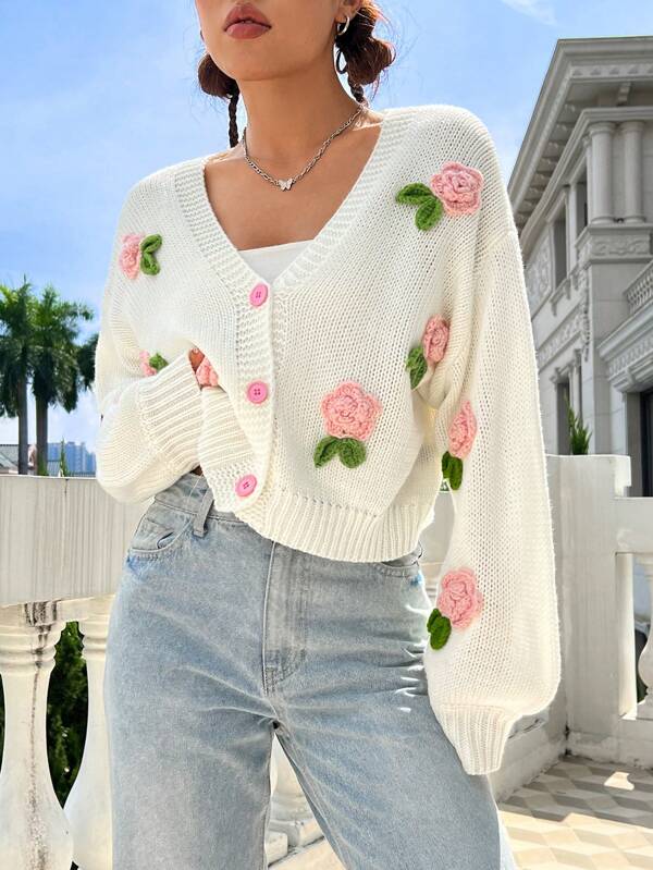 Flirla Cardigan cu umăr căzut cu broderie florală
