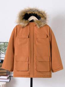 SHEIN Tween Boy 毛绒装饰翻盖口袋连帽保暖衬里棉服 - 鏽棕色 - 查看 6