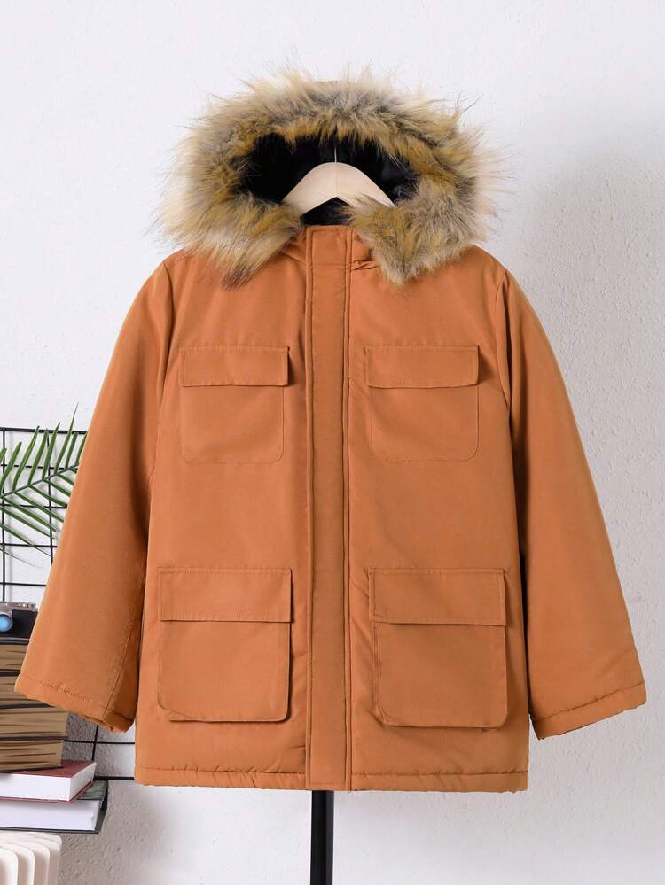 Tween Boy Fuzzy Trim Flap Pocket Hooded Thermal Lined Padded Coat