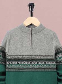 SHEIN Cậu bé Tween Mẫu Geo Dây kéo mặt trước Áo len - Nhiều màu - Xem 3