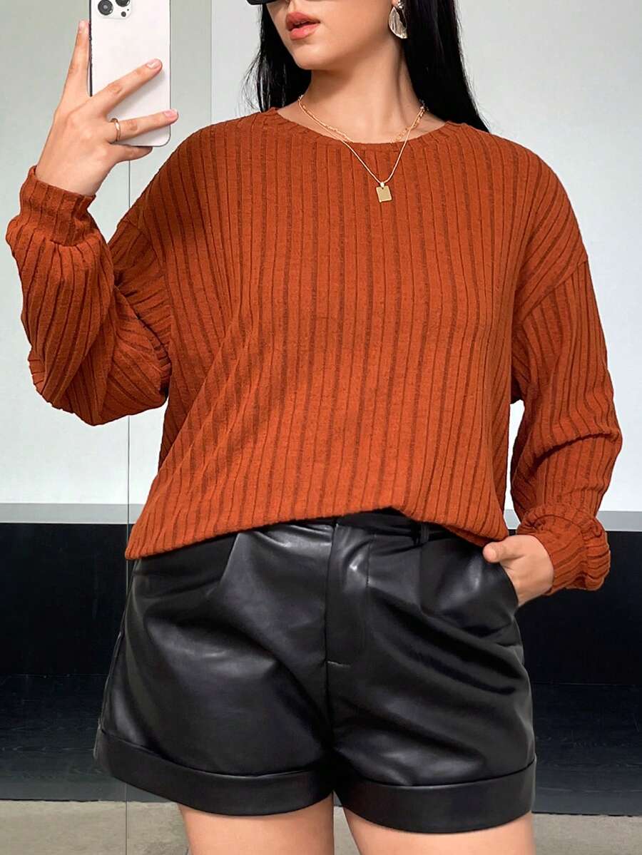 SHEIN Essnce Talla grande Camiseta de hombros caídos tejido de canalé - Naranja Quemada - Ver 1