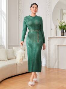 Modelyn Raglan Sleeve Ribbed Knit Sweater Dress Without Belt - Dark Green - View 6