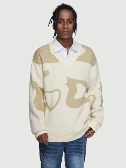 Street Life Guys Graphic Pattern V Neck Sweater