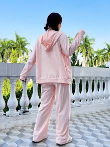 SHEIN Unity Zip Up Drop Shoulder Hoodie & Sweatpants - Pink - View 2