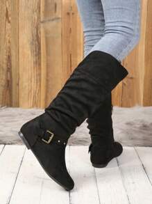 女士們時尚平底及膝靴子帶帶帶扣細節和側拉鍊 - 黑色 - 查看 5