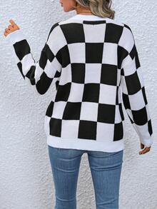 SHEIN Essnce Checkerboard Pattern Drop Shoulder Button Front Cardigan - Black - View 2