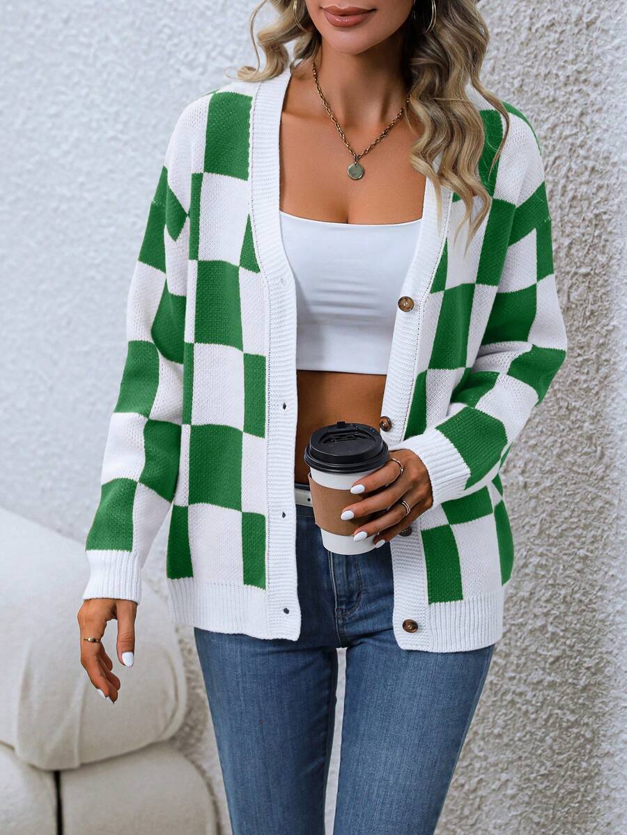 SHEIN Essnce 棋盤格圖案落肩袖開襟衫 - 綠色 - 查看 1