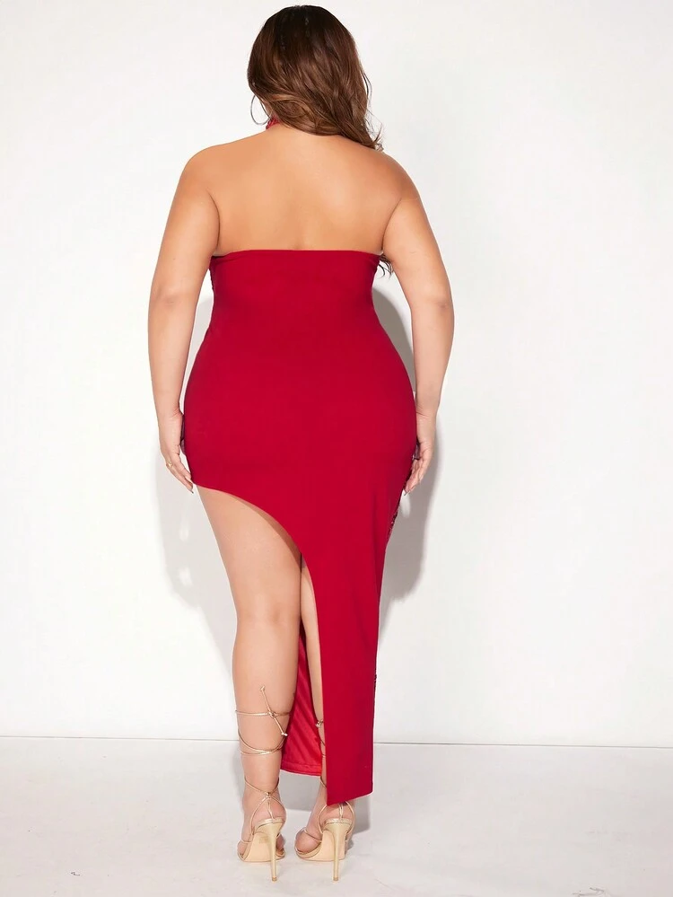 Plus Asymmetrical Hem Sequin Halter Dress
