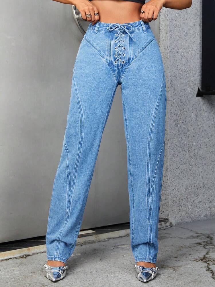 Lace Up Front Straight Leg Jeans