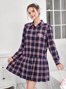SHEIN EZwear Vestido smock con estampado de cuadros y letra bajo fruncido