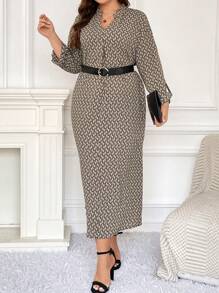 SHEIN Frenchy 大碼滿版印花捲邊袖洋裝不附腰帶 - 卡其色 - 查看 4