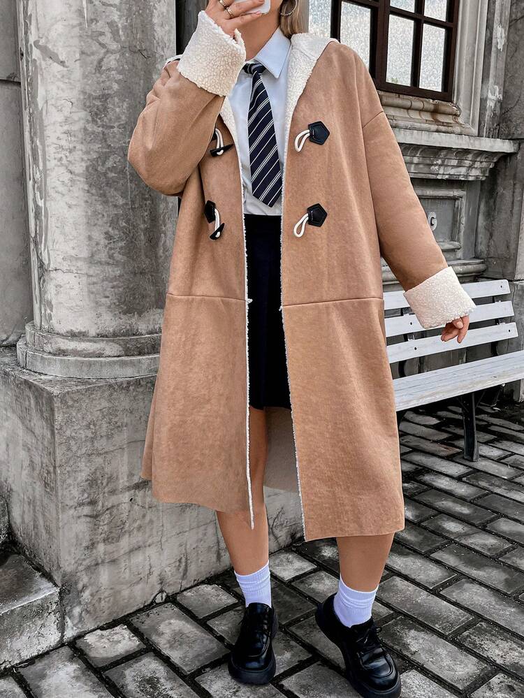 Plus Drop Shoulder Teddy Lined Duffle Hooded Coat