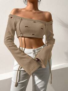 SHEIN Unity 一字肩鏤空荷葉袖短款毛衣 - 卡其色 - 查看 5