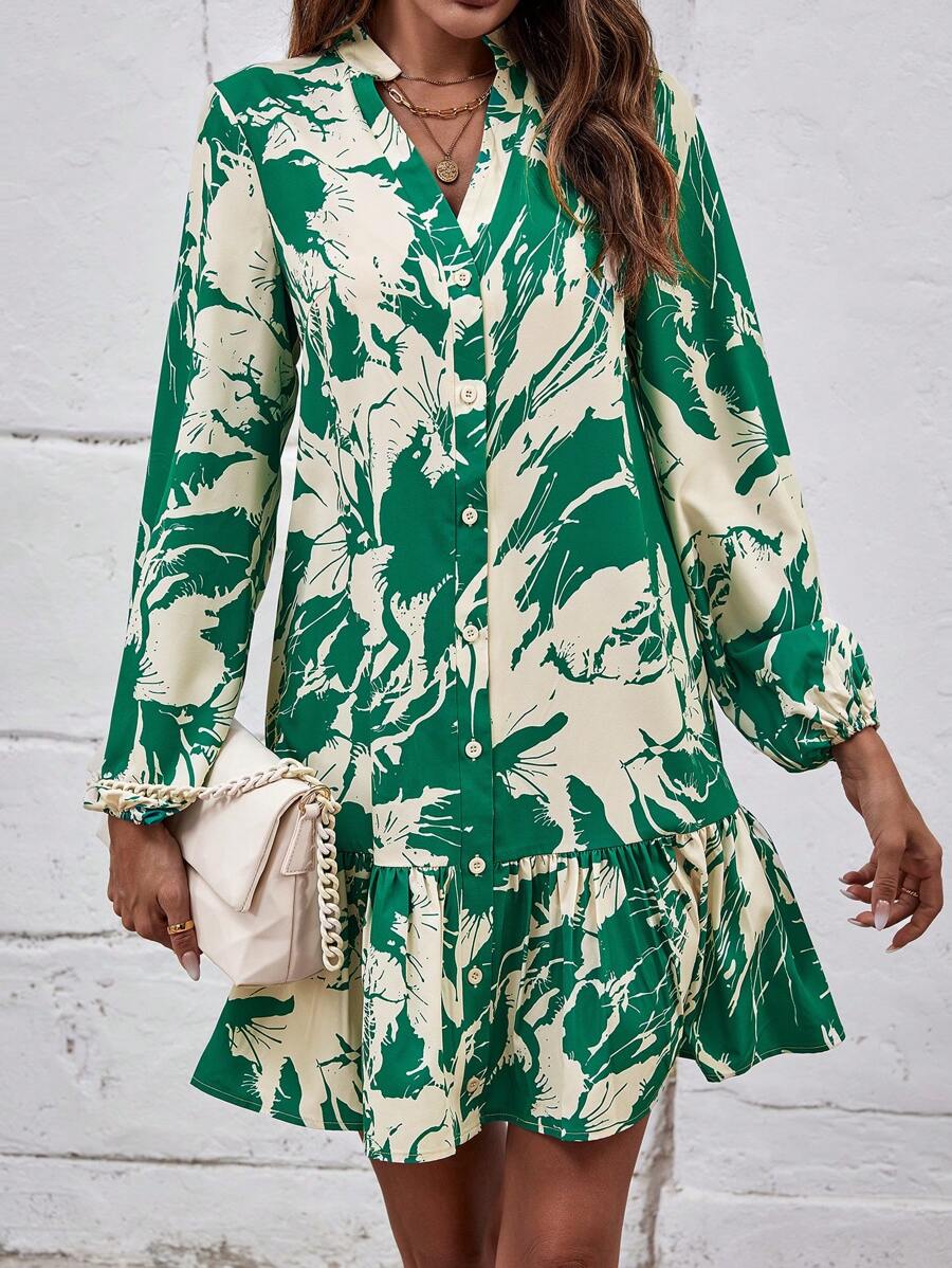 SHEIN Clasi 圖案印花缺口領荷葉邊娃娃裙 - 彩色 - 查看 1