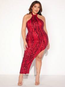 SHEIN SXY Plus Asymmetrical Hem Sequin Halter Dress - Red - View 4