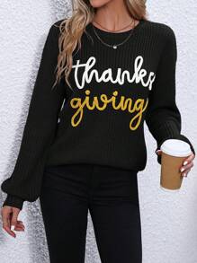 SHEIN LUNE Suéter de punto con caída de hombros y estampado de letras para otoño e invierno - Negro - Ver 6