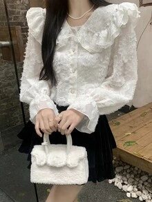 Solid Ruffle Trim Statement Collar Fuzzy Blouse,Long Sleeve Tops