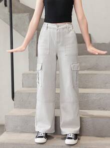 Tween Girl Flap Pocket Side Cargo Jeans - Light Grey - View 1