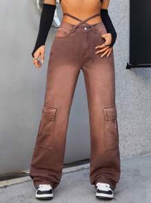 SHEIN ICON Flap Pocket Side Cargo Jeans - Coffee Brown - View 1