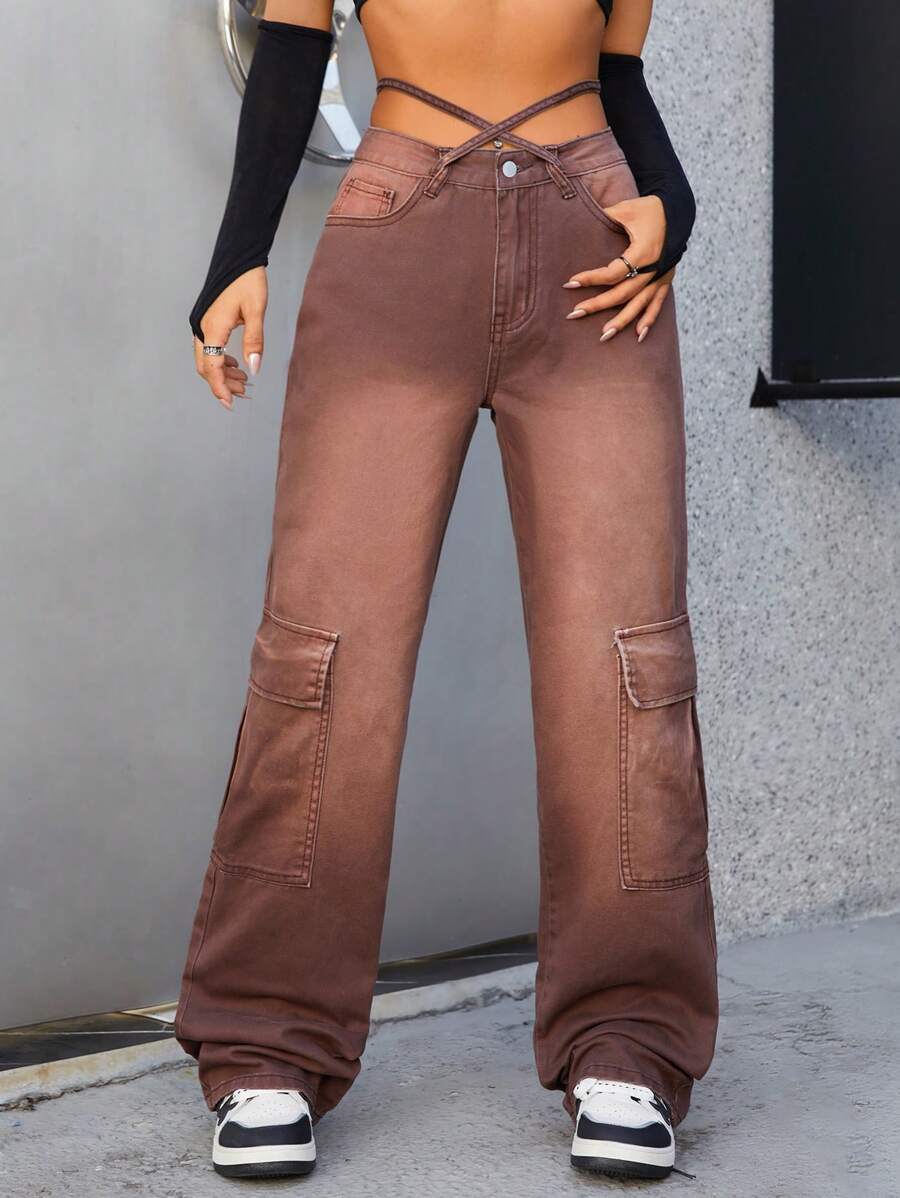SHEIN ICON Flap Pocket Side Cargo Jeans - Coffee Brown - View 1