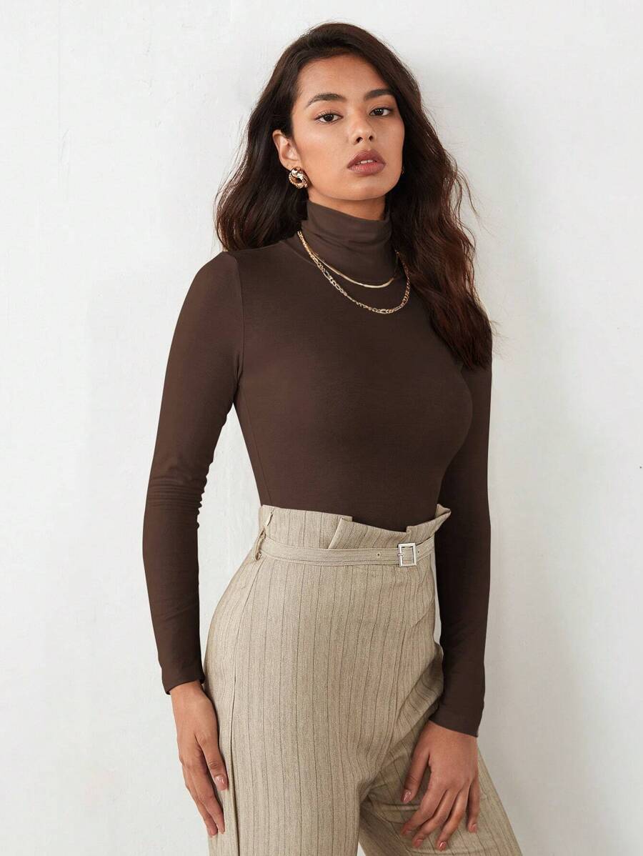 RueChic Solid Brown Turtleneck Elastic Fitted Blouse, Work Uniform - Chocolate Brown - View 1
