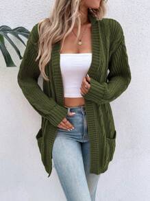 SHEIN LUNE Cable Knit Drop Shoulder Pocket Patched Duster Cardigan - Army Green - View 6