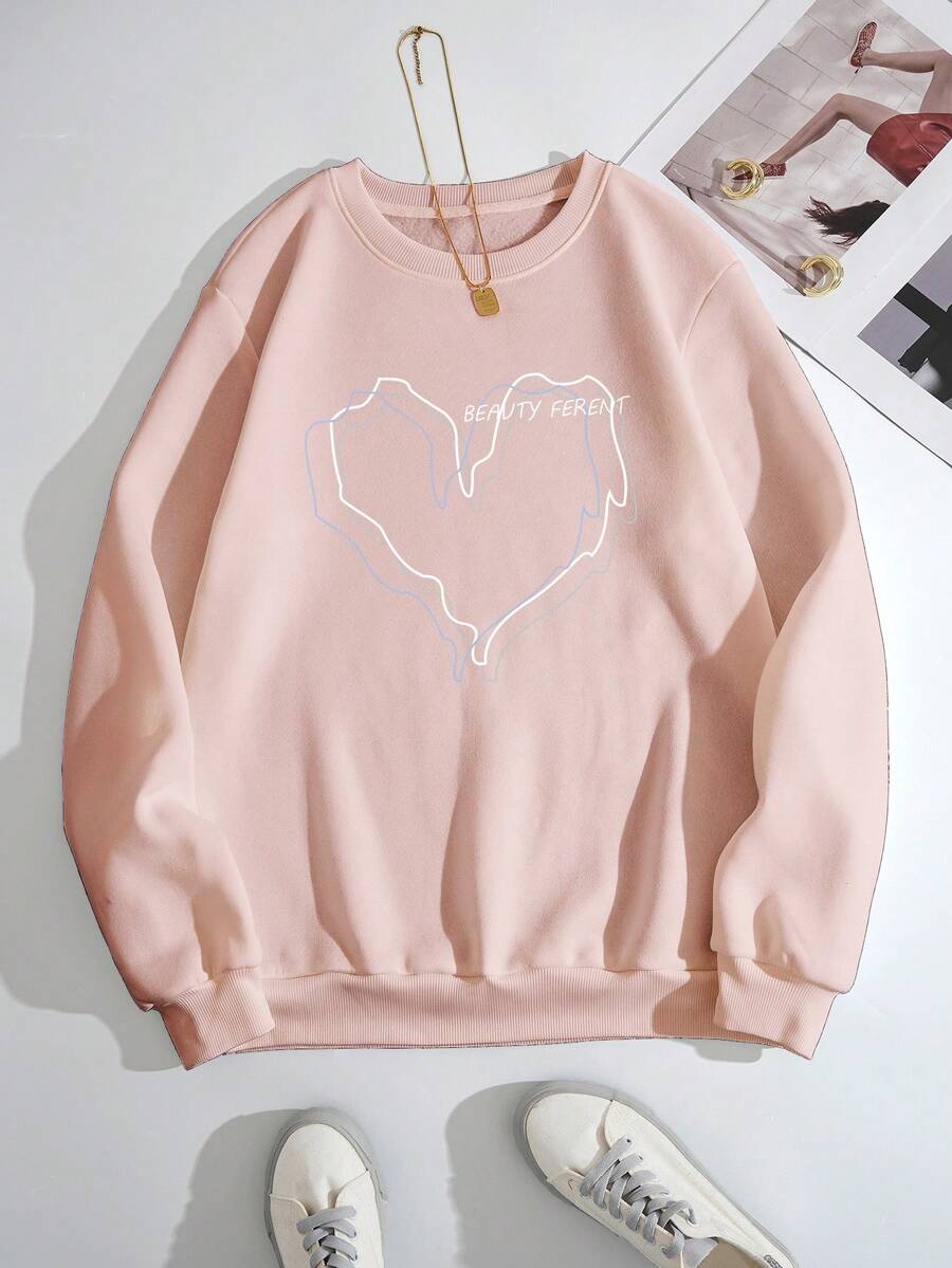 SHEIN EZwear 愛心和標語圖案加絨內裏運動衫 - 淺粉色 - 查看 1