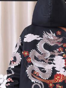 SHEIN 男大童龍印花連帽加絨內裏外套