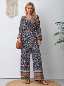 SHEIN VCAY 印花燈籠袖闊腿連體褲 - 彩色 - 查看 4