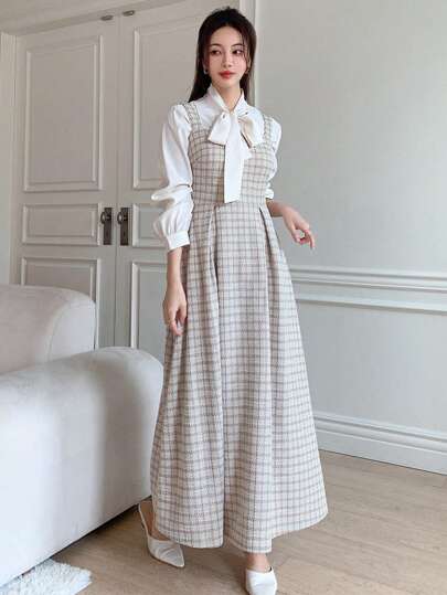 DAZY 连体格子吊带无袖长裙，秋季连衣裙长袖连衣裙