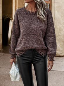 SHEIN LUNE Marled Knit Drop Shoulder Distressed Trim Sweater - Brown - View 1