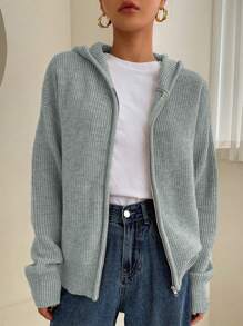 DAZY 落肩袖拉鏈開襟連帽開襟衫 - 藍色 - 查看 3