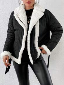SHEIN Frenchy Teddy Lined Belted Padded Coat - Black and White - View 4