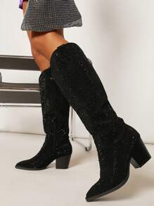 SHUZIA 金屬亮絲尖頭粗跟靴子