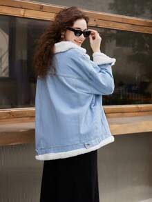 落肩泰迪熊衬里双面牛仔大衣