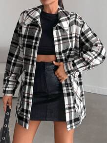 SHEIN Cottnline Women's Plaid Woolen Jacket - Black and White - View 3