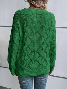 SHEIN LUNE 素色網眼針織落肩袖套頭毛衣 - 綠色 - 查看 2