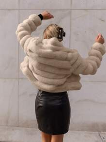 Firerie Going Out Solid Open Front Crop Fuzzy Coat, Winter, Elegant, Business , Casual, Furry, Faux Fur, Long Sleeve - Apricot - View 2