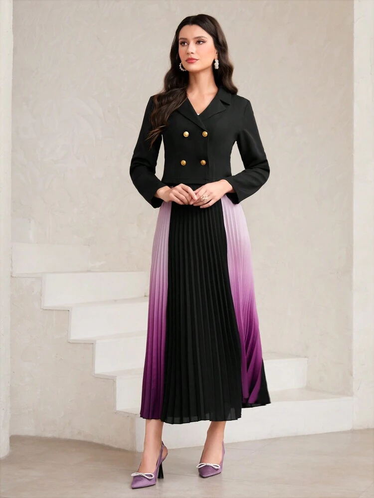 Double Breasted Blazer & Ombre Pleated Skirt