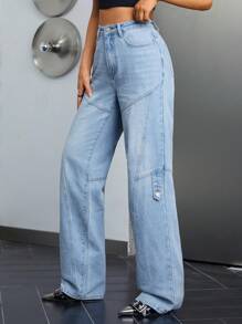 SHEIN ICON High Waist Slant Pocket Straight Leg Jeans