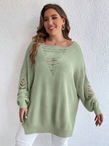 SHEIN Essnce 大碼梯狀破洞落肩袖下擺開叉套頭毛衣 - 綠色 - 查看 4