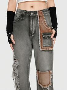 ROMWE Grunge Punk 撞色破洞牛仔喇叭褲 - 橄欖綠 - 查看 6