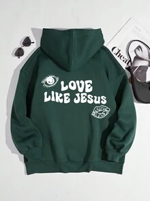 SHEIN EZwear Slogan Graphic Drawstring Thermal Lined Hoodie - Green - View 2