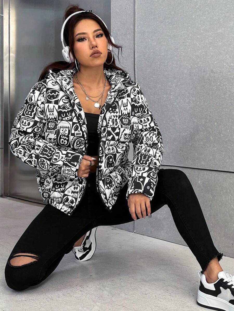 Wotto Áo khoác độn có khóa kéo in họa tiết Graffiti - Đen và trắng - Xem 1