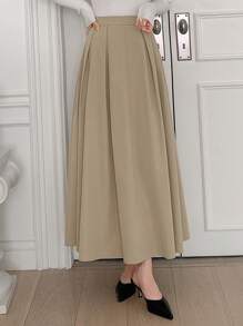 Dazy Star Solid Fold Pleated Longline Skirt Fall - Apricot - View 6