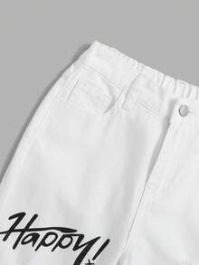 SHEIN 男大童字母和卡通圖案破洞牛仔褲 - 白色 - 查看 4